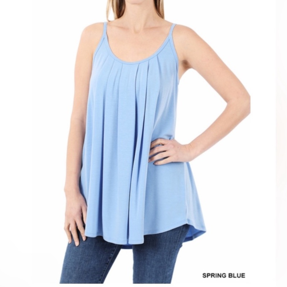zenana Spring Blue Women's flowy pleated tank with Adjustable Straps